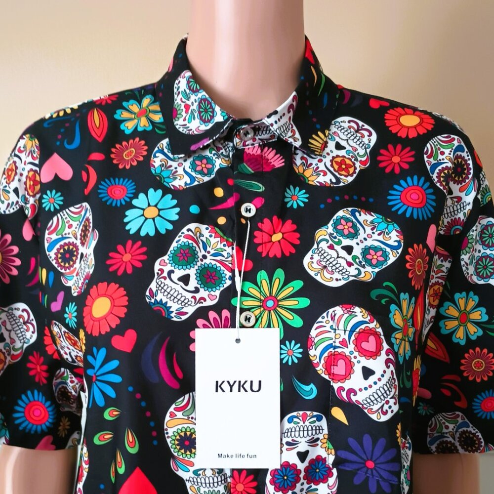 Kyku Men's Skull & Flower Shirt M Button Down Short Sleeves NWT